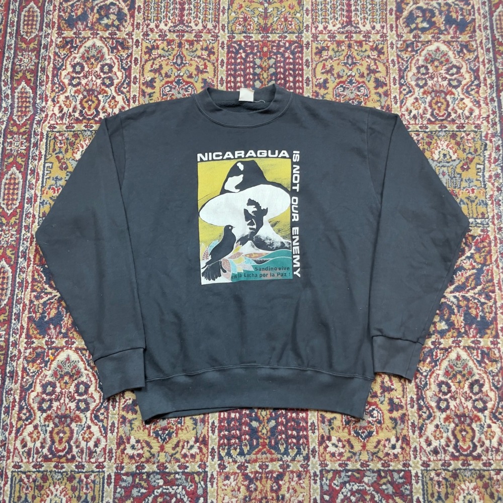 VTG 70s 80s Nicaragua Is Not Our Enemy Sandinista Contra Sweatshirt Black L USA